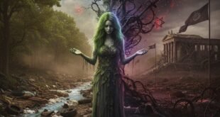 রাজনীতি ও ধর্মের কারণে প্রকৃতি দূষণ: পরিবেশগত বিপর্যয় এবং সামাজিক বিভাজন তুলে ধরা প্রতীকী চিত্র, যেখানে প্রকৃতি তার স্বাভাবিক রূপ হারাচ্ছে।