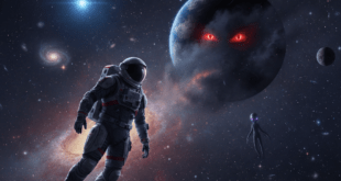 অনন্ত মহাবিশ্বের অন্ধকার মহাশূন্যে একজন একাকী মহাকাশচারী ভাসছে, যার সামনে একটি রহস্যময় গ্রহ থেকে দুটি বিশাল লাল চোখ তাকিয়ে আছে এবং পাশে একটি আবছা এলিয়েন মূর্তির অবয়ব দেখা যাচ্ছে—যা ফার্মি প্যারাডক্স ও মহাজাগতিক রহস্য ফুটিয়ে তোলে।