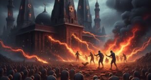 ধর্মের আগুন: ধর্মীয় স্থানে মাথা নোয়ানো এবং ধর্মের নামে মানুষের মধ্যে বিভাজন ও সংঘাত তুলে ধরা একটি প্রতীকী চিত্র।