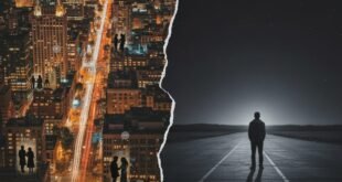 একটি বিভক্ত চিত্র। বাম দিকে একটি আলো ঝলমলে শহরের রাতের দৃশ্য, যেখানে ছাদের উপর বিভিন্ন যুগলের সিলুয়েট দেখা যাচ্ছে, যা 'হাজার প্রেমিকের কথা' প্রতীকীভাবে তুলে ধরছে। ডান দিকে একজন পুরুষ একটি নির্জন অন্ধকার রাস্তায় দাঁড়িয়ে আছেন, যা 'তুমিহীনা নিস্তব্ধতা'র প্রতীক। মাঝখানে একটি ছেঁড়া কাগজের বিভাজন এই দুটি ভিন্ন আবেগকে আলাদা করছে।