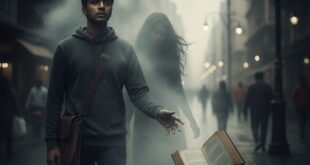 বিরহের কবিতা: নীরব শহরের রাস্তায় দাঁড়িয়ে থাকা এক যুবক, পাশে অদৃশ্য প্রিয় মানুষের উপস্থিতি ও ভেসে থাকা বই।