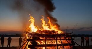 চিতা(Funeral Pyre) burning at sunset beside river- মৃত্যু ও বিদায়ের প্রতীক।
