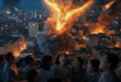 গ্লোবাল ওয়ার্মিং অ্যালার্ট: পৃথিবী ধ্বংসের একটি ভয়ঙ্কর দৃশ্য, যেখানে পৃথিবী আগুনের গোলার মত আকাশে ভাসছে, নিচে একটি জ্বলন্ত শহরে আতঙ্কিত মানুষের আর্তনাদ দেখা যাচ্ছে।