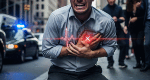 পেটের গ্যাসের তীব্র বুকব্যথায় বিভ্রান্ত এক ব্যক্তি রাস্তার মাঝে হাঁটু গেড়ে বুক চেপে ধরে আছেন, হার্ট অ্যাটাকের সঙ্গে উপসর্গের মিল বোঝাতে দৃশ্যটি ব্যবহার করা হয়েছে।