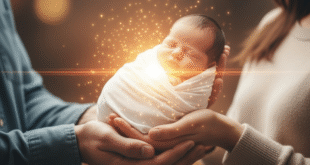 সম্পর্কের মূল্য এবং ভালোবাসা: একজন পুরুষ ও একজন মহিলার হাত একসাথে একটি সাদা কাপড়ে মোড়া ঘুমন্ত নবজাতককে ধরে আছে। শিশুটি স্বর্গীয় সোনালী আলো এবং দ্যুতিতে আবৃত, যা যত্ন, ভালোবাসা ও নতুন শুরুর প্রতীক। এই চিত্রটি একটি সম্পর্কের মূল্যবানতা এবং দ্বিপাক্ষিক লালন-পালনকে তুলে ধরছে।