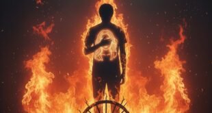 বিধাতার খেলা: হৃদয়ে প্রিয়জনের ছবি নিয়ে আগুনের মধ্যে দাঁড়িয়ে থাকা একাকী মানুষ। ভালোবাসা ও ভাগ্যের দ্বন্দ্বের প্রতীকী চিত্র।