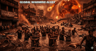 বিশ্ব উষ্ণায়ন (Global Warming): পৃথিবী ধ্বংসের একটি ভয়ঙ্কর দৃশ্য, যেখানে পৃথিবী আগুনের গোলার মত আকাশে ভাসছে, নিচে জলের নিচে তলিয়ে যেতে চলেছে সভ্যতার একটা অংশ। চারিদিকে আতঙ্কে মানুষ দিশেহারা!