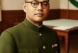 নেতাজী সুভাষ চন্দ্র বসু সামরিক পোশাকে একটি আনুষ্ঠানিক প্রতিকৃতি, যেখানে পটভূমিতে ভারতীয় পতাকা সূক্ষ্মভাবে দৃশ্যমান, যা মর্যাদা ও নেতৃত্বের ভাব প্রকাশ করে।
