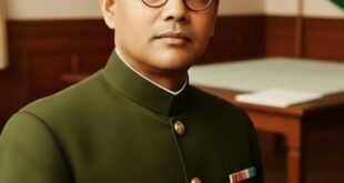 নেতাজী সুভাষ চন্দ্র বসু সামরিক পোশাকে একটি আনুষ্ঠানিক প্রতিকৃতি, যেখানে পটভূমিতে ভারতীয় পতাকা সূক্ষ্মভাবে দৃশ্যমান, যা মর্যাদা ও নেতৃত্বের ভাব প্রকাশ করে।