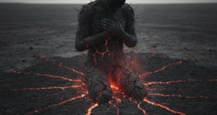 হিংসার আগুনে দহন জ্বালাঃ শুষ্ক, ফাটল ধরা জমিতে এক মানুষ হাঁটু গেড়ে বসে আছে, যা অন্যের প্রতি নিজের তীব্র হিংসার এক ভয়ঙ্কর পরিণাম। প্রতীকী মানুষটার বসে থাকা নিচের অংশসহ, তার গোটা দেহ, লাভা, আগুন-ফাটলে পুড়ে কালো হয়ে গেছে। সে বসে আছে বুকে দুহাত চেপে।