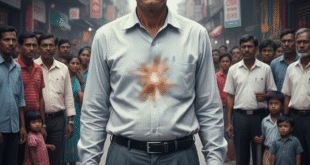 জনাকীর্ণ রাস্তায় বিকাশবাবু, এক মধ্যবয়স্ক, আত্মবিশ্বাসী ও গম্ভীর মানুষ সোজা দাঁড়িয়ে আছেন। তাঁর জামার উপরে বুকের মাঝখানে একটা তারা চিহ্ন, যা প্রতীকীভাবে এক আত্মকেন্দ্রিক মানুষের ধারণাকে প্রকাশ করছে।