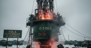 বরফ ঢাকা স্থানে কোলা সুপারডিপ বোরহোল ড্রিলিং রিগ থেকে উত্তপ্ত, গলিত লাভা নির্গত হচ্ছে, যা এই ড্রিলিং মেশিনের, পৃথিবীর গভীরে ঢোকানো নিচের অংশ গলে যাওয়ার নিদর্শন। সামনে দুই কর্মী।