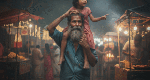 উৎসবের ভিড়ে একজন গরিব বাবা তাঁর মেয়েকে কাঁধে নিয়ে ঠাকুর দেখাতে বেরিয়েছেন। চারপাশে বিভিন্ন খাবারের দোকানের কোনো এক দোকানে কিছু খাওয়ার জন্যে তাঁর ছোট্ট মেয়েটা আঙুল তুলেছে।