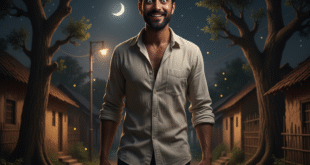 রাতের গ্রামের রাস্তায় একজন পুরুষ রাস্তা দিয়ে হেঁটে যাচ্ছে, যার চোখ আনন্দে বিস্ফোরিত। পটভূমিতে কিছু ঘরবাড়ি, গাছপালা, ও একটা বাঁকা চাঁদ দৃশ্যমান।