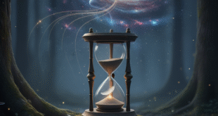 কর্মের অমরত্ব এবং মহাজাগতিক চেতনাঃ একটা গভীর জঙ্গলের মধ্যে রহস্যময় আলোয় রাখা বালিঘড়ি (Hourglass). বালিঘড়ির উপরে একটা সাদা মুখের আকৃতির চেতনা থেকে মহাজাগতিক আকাশগঙ্গা বেরিয়ে আসছে। এই ছবিটা ক্ষণস্থায়ী জীবনের সময়সীমা ( বালিঘড়ি) পেরিয়ে মানুষের মহৎকর্ম ও অবদানের মাধ্যমে মৃত্যুর পরেও মানুষের হৃদয়ে জীবিত থাকার চিরন্তন প্রভাবকে প্রতীকায়িত করে।