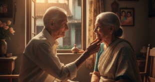 এক নিম্ন-মধ্যবিত্ত পরিবারে, বৃদ্ধ দম্পতির ভালোবাসার মুহূর্ত। জানালার ধারে সূর্যাস্তের আলোয় একে অপরের দিকে তাকিয়ে, তাঁদের মুখে হাসি।