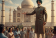 তাজমহলের পটভূমিতে দাঁড়িয়ে মুঘল বংশের দাবিদার এক ব্যক্তি, যিনি ঐতিহ্যবাহী পোশাক ও পাগড়ি পরিহিত অবস্থায় দর্শকদের উদ্দেশ্যে কিছু বলছেন। চারপাশে সাধারণ মানুষ তা শুনছেন ও ছবি তুলছেন।