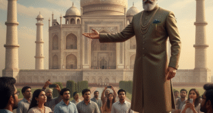 তাজমহলের পটভূমিতে দাঁড়িয়ে মুঘল বংশের দাবিদার এক ব্যক্তি, যিনি ঐতিহ্যবাহী পোশাক ও পাগড়ি পরিহিত অবস্থায় দর্শকদের উদ্দেশ্যে কিছু বলছেন। চারপাশে সাধারণ মানুষ তা শুনছেন ও ছবি তুলছেন।