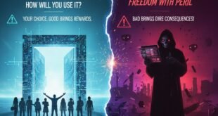 ইন্টারনেটের ভালো (Surface Web) ও খারাপ ( Dark Web) দিক দেখনো একটা দ্বিবিভাজিত চিত্র। একদিকে দেখানো হয়েছে আলো ঝলমলে ডিজিটাল দরজা, অন্যদিকে অন্ধকারাচ্ছন্ন সাইবার অপরাধের প্রতীক।