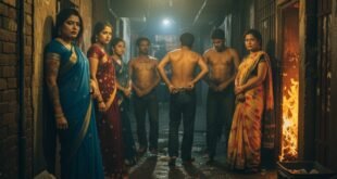 একটা অন্ধকার গলিতে সমাজের নিষিদ্ধ নারী ও কিছু পুরুষ দাঁড়িয়ে আছে, যা কোলকাতার সোনাগাছির এক প্রতীকী ছবি।