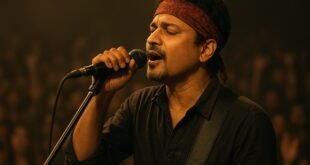 গায়ক জুবিন গর্গ-এর এক প্রতীক রূপ কনসার্টে মাইক্রোফোন হাতে গান গাইছেন। হাতে গীটার, ব্যাকগ্রাউন্ডে দর্শক।