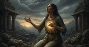 ক্ষোভে-দুঃখে একজন মেয়ে মানুষ ধ্বংসস্তূপের মাঝে হাঁটু গেড়ে বসে আছেন, মেঘাচ্ছন্ন আকাশে ঈশ্বরের প্রতি প্রশ্ন ছুঁড়ছেন, এবং তাঁর বুকে অভ্যন্তরীণ ন্যায়ের বীজ জ্বলছে। ঈশ্বর আছেন কি নেই—এই নৈতিক দ্বন্দ্ব এবং মানবতার দায়বদ্ধতা ফুটিয়ে তোলা হয়েছে।