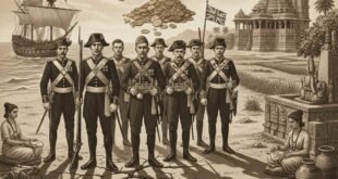 ভারতে ব্রিটিশদের লুণ্ঠন: ব্রিটিশ সৈন্যরা সামনে দাঁড়িয়ে আছে এবং উপর থেকে একটি দানবীয় হাত ভারতের মন্দির, সম্পদ ও সভ্যতা থেকে সোনা ও সম্পদ লুণ্ঠন করছে। এটি প্রমাণ করে ইংরেজ ভারতে না আসলে সুপার পাওয়ার হতো ভারত।