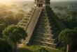 ঘন সবুজ জঙ্গল এবং কুয়াশায় ঘেরা মায়ান সভ্যতার একটি বিশাল পাথরের পিরামিড, যা ভোরের আলোয় উদ্ভাসিত।