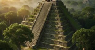 ঘন সবুজ জঙ্গল এবং কুয়াশায় ঘেরা মায়ান সভ্যতার একটি বিশাল পাথরের পিরামিড, যা ভোরের আলোয় উদ্ভাসিত।