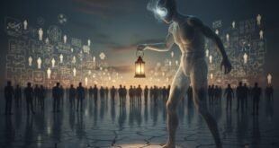 অন্তর্দর্শন বনাম বাইরের মনোযোগ: একজন ব্যক্তি লণ্ঠন হাতে 'SELF' খুঁজছে, পেছনে ভিড়ে থাকা অন্যরা। ছবিটি মানুষের নিজেকে না বুঝে অন্যদের বোঝার প্রবণতা তুলে ধরে।