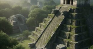 একটি মায়ান পিরামিড এবং প্রাচীন ধ্বংসাবশেষের এরিয়াল ভিউ, চারপাশে ঘন সবুজ জঙ্গল এবং উপরে মেঘলা আকাশ। একজন প্রত্নতত্ত্ববিদ দল নিচের দিকে দাঁড়িয়ে ধ্বংসাবশেষগুলি পরীক্ষা করছেন।