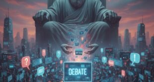একটি অন্ধকার শহরের উপর বিশাল আসনে উপবিষ্ট একজন নীরব ঈশ্বরের মূর্তি। শহরের নিচে মানুষের ভিড় এবং তাদের চারপাশে ভাসমান স্ক্রিন ও ডেটা, যেখানে "DEBATE" এবং "BYTES" লেখা রয়েছে। এটি আজকের সমাজে ধর্ম ও রাজনীতির সংমিশ্রণ এবং ডেটার প্রভাবকে চিত্রিত করে।