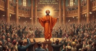 স্বামী বিবেকানন্দকে একটি বিশাল অডিটোরিয়ামে বক্তৃতারত অবস্থায় দেখা যাচ্ছে, যেখানে হাজার হাজার দর্শক তাঁকে দাঁড়িয়ে করতালি দিয়ে অভিনন্দন জানাচ্ছে। ছবিটি ১৮৯৩ সালের শিকাগো ধর্মমহাসভায় তাঁর ঐতিহাসিক ভাষণের মুহূর্তকে তুলে ধরছে। মঞ্চের উপরে "SISTERS AND BROTHERS OF AMERICA..." এবং "SEPTEMBER 11, 1993 COLUMBUS HALL, CHICAGO" লেখাটি দৃশ্যমান। ছবিতে দর্শকদের মধ্যে বিভিন্ন জাতি ও সংস্কৃতির মানুষের উপস্থিতি পরিলক্ষিত হচ্ছে।