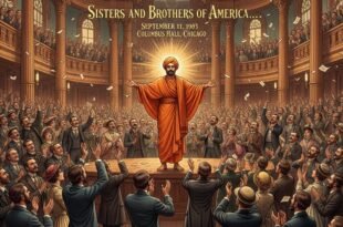 স্বামী বিবেকানন্দকে একটি বিশাল অডিটোরিয়ামে বক্তৃতারত অবস্থায় দেখা যাচ্ছে, যেখানে হাজার হাজার দর্শক তাঁকে দাঁড়িয়ে করতালি দিয়ে অভিনন্দন জানাচ্ছে। ছবিটি ১৮৯৩ সালের শিকাগো ধর্মমহাসভায় তাঁর ঐতিহাসিক ভাষণের মুহূর্তকে তুলে ধরছে। মঞ্চের উপরে "SISTERS AND BROTHERS OF AMERICA..." এবং "SEPTEMBER 11, 1993 COLUMBUS HALL, CHICAGO" লেখাটি দৃশ্যমান। ছবিতে দর্শকদের মধ্যে বিভিন্ন জাতি ও সংস্কৃতির মানুষের উপস্থিতি পরিলক্ষিত হচ্ছে।
