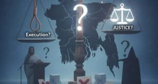 শেখ হাসিনার মৃত্যুদণ্ড: বিচারের পাল্লায় ফাঁসির দড়ি ও ন্যায়বিচার, বাংলাদেশের রাজনৈতিক বিতর্কের প্রতীকী চিত্র।