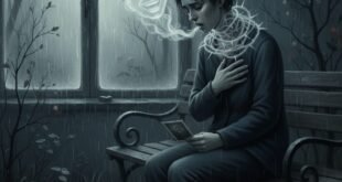 প্রেমের দ্বৈত নীতি, প্রেম ভাঙার যন্ত্রণা। বিষণ্ণ প্রমিকা বেঞ্চে বসে আছে, গলায় কাঁটার মালা, যে প্রেম একদিন ছিল জীবনের সবকিছু, সেই প্রেমই যেন আজ কাঁটা হয়ে গলায় জড়িয়ে শ্বাসরোধ করে দিচ্ছে। হাতে প্রেমিকার ছবি, তার মুখ থেকে একটি হাসির ভূতের মতো এক্সপ্রেশন বেরিয়ে আসছে। এটি প্রেম ভাঙার যন্ত্রণা ও একাকীত্ব ফুটিয়ে তোলে।