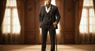 একটি লম্বা শটের চিত্র যেখানে বলিউড অভিনেতা ধর্মেন্দ্রকে একটি বিলাসবহুল স্যুট পরিহিত অবস্থায় দেখা যাচ্ছে, তিনি একটি ছড়ি হাতে নিয়ে আত্মবিশ্বাসের সাথে দাঁড়িয়ে আছেন। তার পটভূমিতে দুটি বড় জানালা এবং ক্লাসিক্যাল ইন্টেরিয়র ডিজাইন দেখা যাচ্ছে।