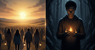 সবাই আলো খোঁজে: একদল মানুষ সূর্যের দিকে যাচ্ছে আলোর খোঁজে, পাশাপাশি একজন ব্যক্তি নিজের অন্ধকারটাকে চিনতে চাইছে।