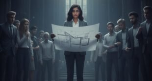 শক্তিশালী অনুপ্রেরণা, আত্মবিশ্বাস এবং সফলতার জন্য একজন দৃঢ়প্রতিজ্ঞ মহিলা পেশাজীবীর ছবি। তিনি একটি আর্কিটেকচারাল ব্লুপ্রিন্ট হাতে ধরে আছেন এবং তার চারপাশে পুরুষ সহকর্মীরা দাঁড়িয়ে আছে, যা লিঙ্গ বৈষম্যের চ্যালেঞ্জ সত্ত্বেও নিজের ক্ষমতা প্রমাণের জন্য তার 'রিভার্স সাইকোলজি' বা 'রিপিউটেশনাল মোটিভেশন'কে তুলে ধরছে।