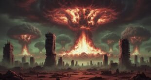 ধ্বংসপ্রাপ্ত শহরের পটভূমিতে পারমাণবিক মাশরুম ক্লাউড, যা পৃথিবীর ধ্বংসের সম্ভাব্য ৫ কারণের মধ্যে একটা চিত্র তুলে ধরে।