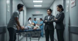 একটি ধূসর হাসপাতালের করিডোরে স্ট্রেচারে শুয়ে থাকা সংকটাপন্ন রোগী এবং তার পাশে দাঁড়িয়ে থাকা অসহায় স্বজন, যাদের সামনে দুজন হাসপাতাল কর্মকর্তা হাত ভাজ করে দাঁড়িয়ে আছেন—চিকিৎসা শুরু করার আগে প্রশাসনিক বা আর্থিক বাধার প্রতীকী দৃশ্য।