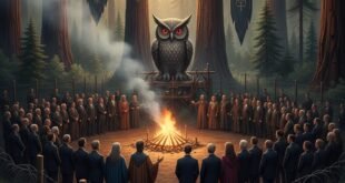 রাতের গভীর জঙ্গলে নিষিদ্ধ বোহেমিয়ান গ্রোভ ক্লাবের প্রতীক বড় পেঁচা মূর্তির সামনে প্রভাবশালী ব্যক্তিদের গোপন অনুষ্ঠান।