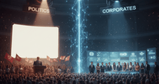 রাজনীতি ও কর্পোরেট শক্তির প্রভাব এবং ডিজিটাল ভারতের স্বাধীনতা নিয়ে একটি প্রতীকী ডিজিটাল আর্ট।