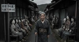 জাপানের পুতুল গ্রাম নাগোরো-র স্রষ্টা সুকুমি আয়ানো (Tsukumi Ayano) তার হাতে তৈরি স্মৃতি-পুতুলদের মাঝে দাঁড়িয়ে আছেন। পুতুলগুলো গ্রামের রাস্তার দুপাশে বেঞ্চে বসে আছে।