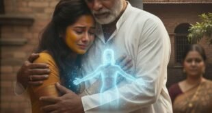 গভীর আবেগঘন ভারতীয় বিবাহের দৃশ্য: সাদা কুর্তা পরা একজন বাবা হলুদ মেখে থাকা (হলদি) হলুদ শাড়ি পরা মেয়েকে জড়িয়ে ধরে কাঁদছেন। একটি নীল ঔজ্জ্বল্যময় আধ্যাত্মিক/স্বর্গীয় ফিগার মেয়ের বিদায়ী আত্মা বা অস্তিত্বকে ফুটিয়ে তুলছে। চিত্রটি কন্যাদান এবং পিতার কাছ থেকে কন্যার তীব্র বিচ্ছেদের দুঃখকে তুলে ধরেছে। পিছনে একজন মা দাঁড়িয়ে আছেন।