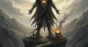 অহংকারের উচ্চতা: একজন অহংকারী মানুষের প্রতীকী চিত্র যেখানে তার জ্ঞান কমে যাচ্ছে। মাথা উঁচু করে আকাশ দেখার ফলে সে নিচের সত্য দেখতে পাচ্ছে না।