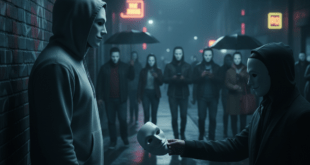 অপরাধীরা সাধারণ মানুষের মুখোশ পরছে অন্ধকারে ঢাকা রাস্তায়, বিশ্বাসভঙ্গের প্রতীক।