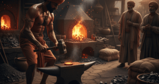 প্রাচীন ভারতের হারানো আবিষ্কার: একজন ভারতীয় কর্মকার হাতুড়ি দিয়ে গরম ইস্পাতে কাজ করছেন। ছবিতে Wootz Steel তৈরির প্রক্রিয়া এবং বিখ্যাত দামাস্কাস তলোয়ার দেখা যাচ্ছে।