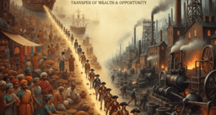 ব্রিটিশ লুণ্ঠনের ইতিহাস ও শিল্প বিপ্লবের প্রতীকী ছবি যেখানে ভারত থেকে সম্পদ পাচার এবং লন্ডনের আধুনিকায়ন দেখানো হয়েছে।