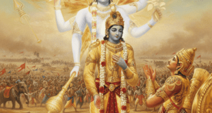 কুরুক্ষেত্রের রণক্ষেত্রে কৃষ্ণের বিশ্বরূপ দর্শন— যা ভারতের অদম্য মেধা ও মহাশূন্য জয়ের আধ্যাত্মিক অনুপ্রেরণাকে প্রতিফলিত করে।